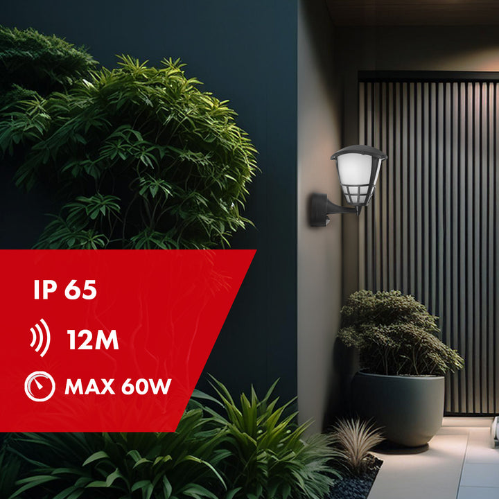 Nástěnné svítidlo se senzorem Maclean MCE518 B 1xE27 černé IP65 max. 60W