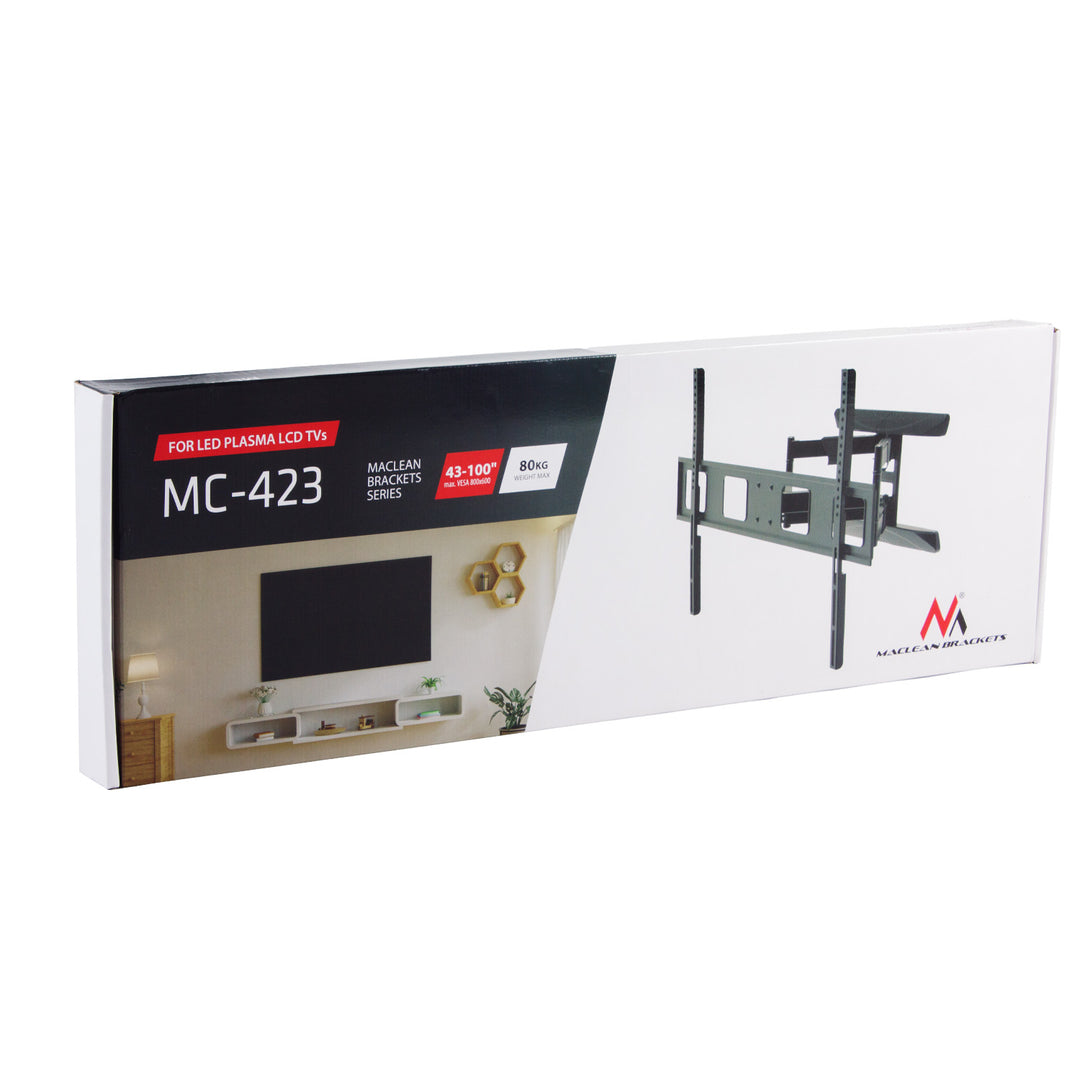 Držák Maclean na TV, max. VESA 800x600, 43-100", 80 kg, horizontální a vertikální nastavení úhlu, profil 50-500 mm, černý, MC-423
