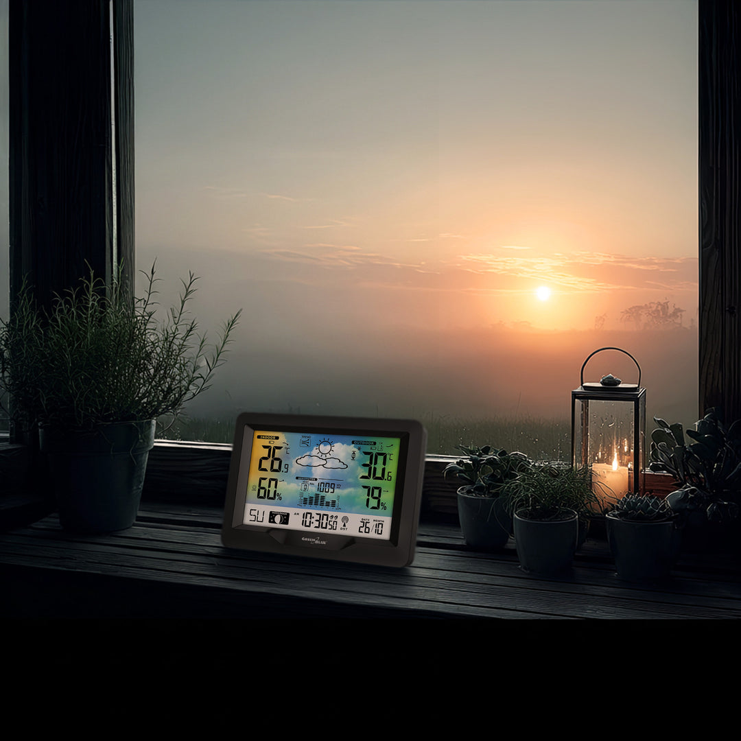 Bezdrátová meteostanice GreenBlue, barevná, s DCF, fázemi měsíce, barometrem, kalendářem, napájecí zdroj, GB540N