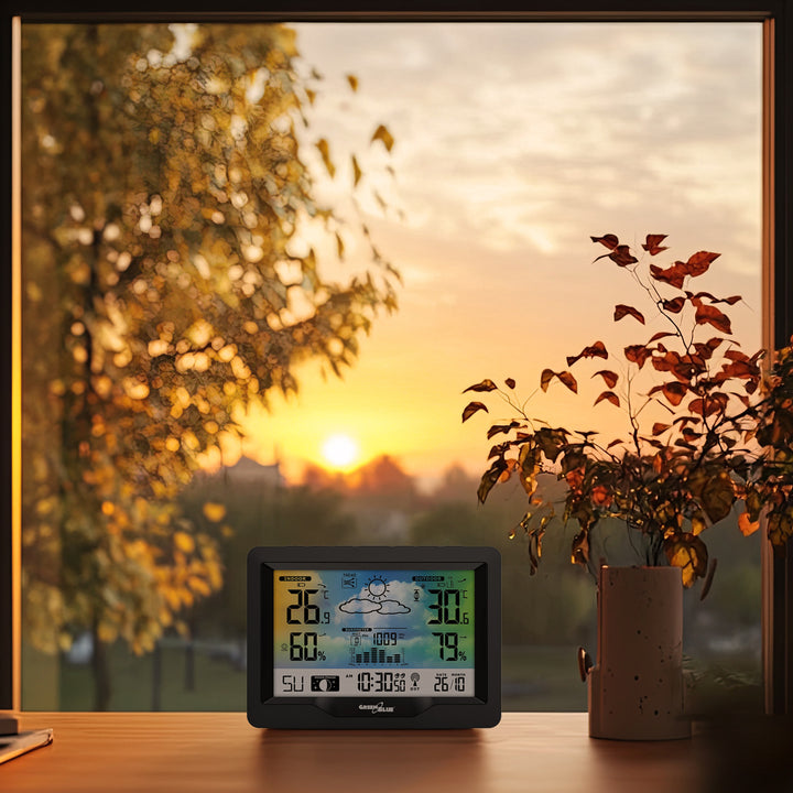 Bezdrátová meteostanice GreenBlue, barevná, s DCF, fázemi měsíce, barometrem, kalendářem, napájecí zdroj, GB540N