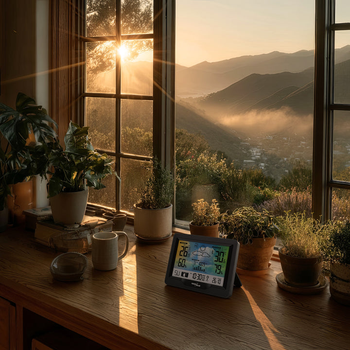 Bezdrátová meteostanice GreenBlue, barevná, s DCF, fázemi měsíce, barometrem, kalendářem, napájecí zdroj, GB540N