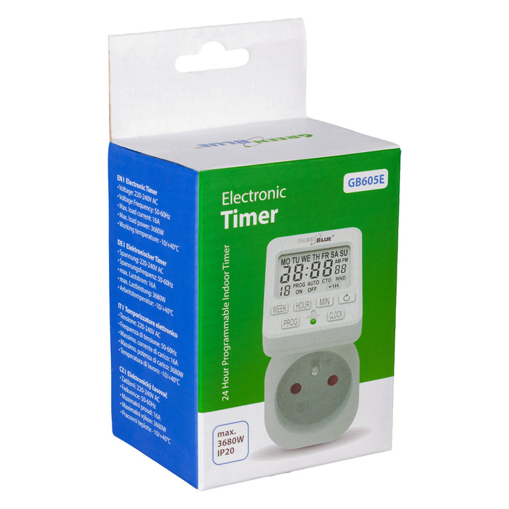 GreenBlue digitální časový spínač - časovač, max. zatížení 16A, IP20, GB605 E