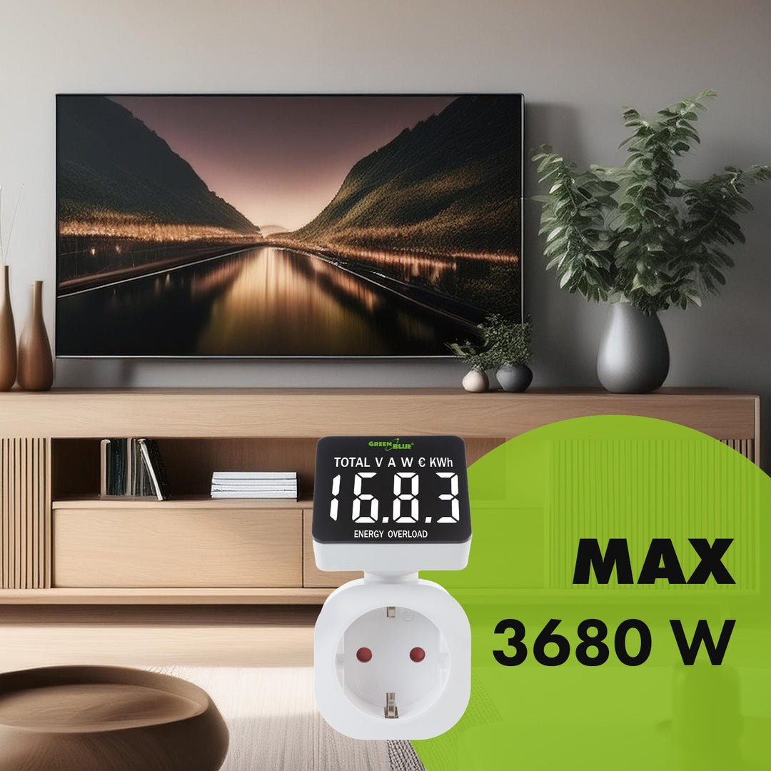 GreenBlue elektroměr, wattmetr, 16A, max. 3680W, dílčí paměť, GB620 F