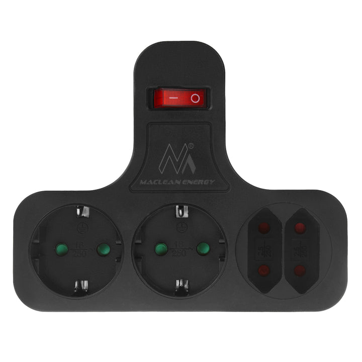 Zásuvka Maclean, čtyřnásobná s vypínačem, stabilizační nožička, typ schuko, 2x2,5A, 2x16A, MCE224 G/B