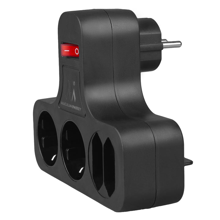 Zásuvka Maclean, čtyřnásobná s vypínačem, stabilizační nožička, typ schuko, 2x2,5A, 2x16A, MCE224 G/B