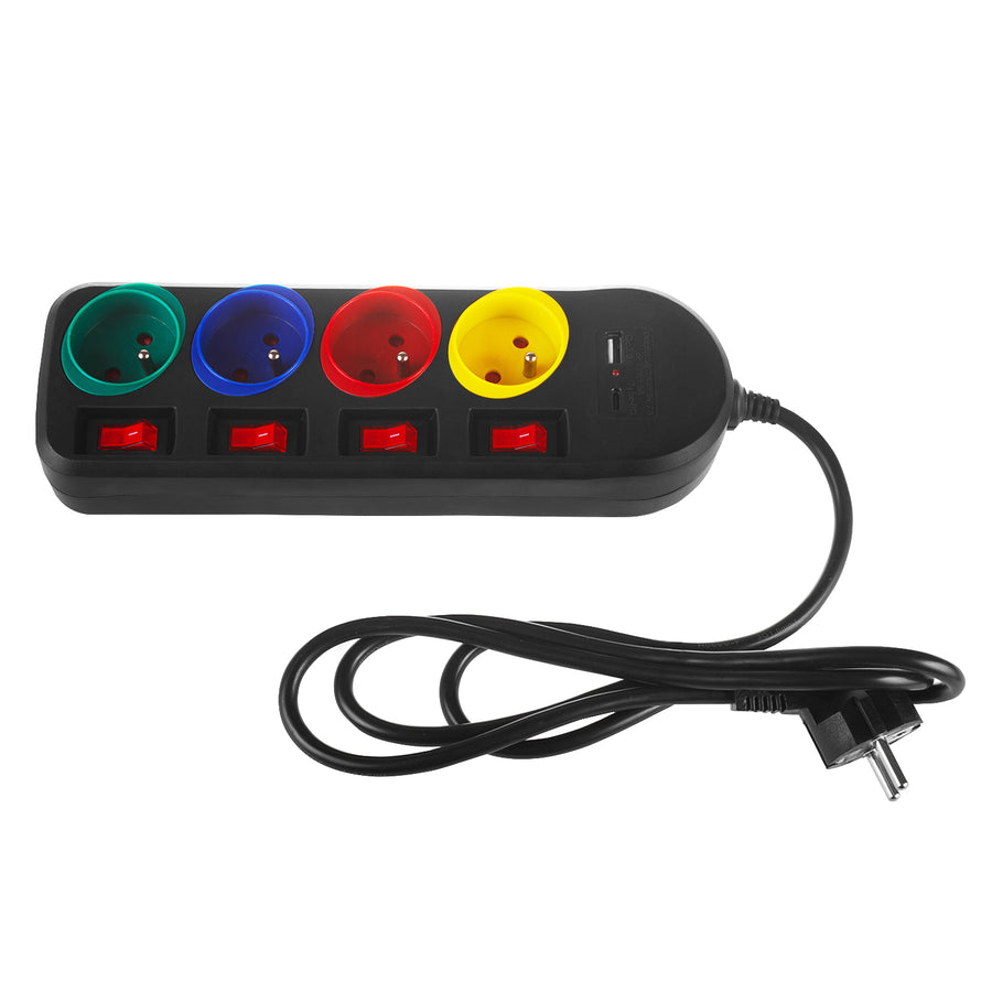 Napájecí lišta Maclean, prodlužovací kabel se 4 zásuvkami + USB A/C, s přepínači, 250VAC/10A, 1,5 m, černá, MCE508 B