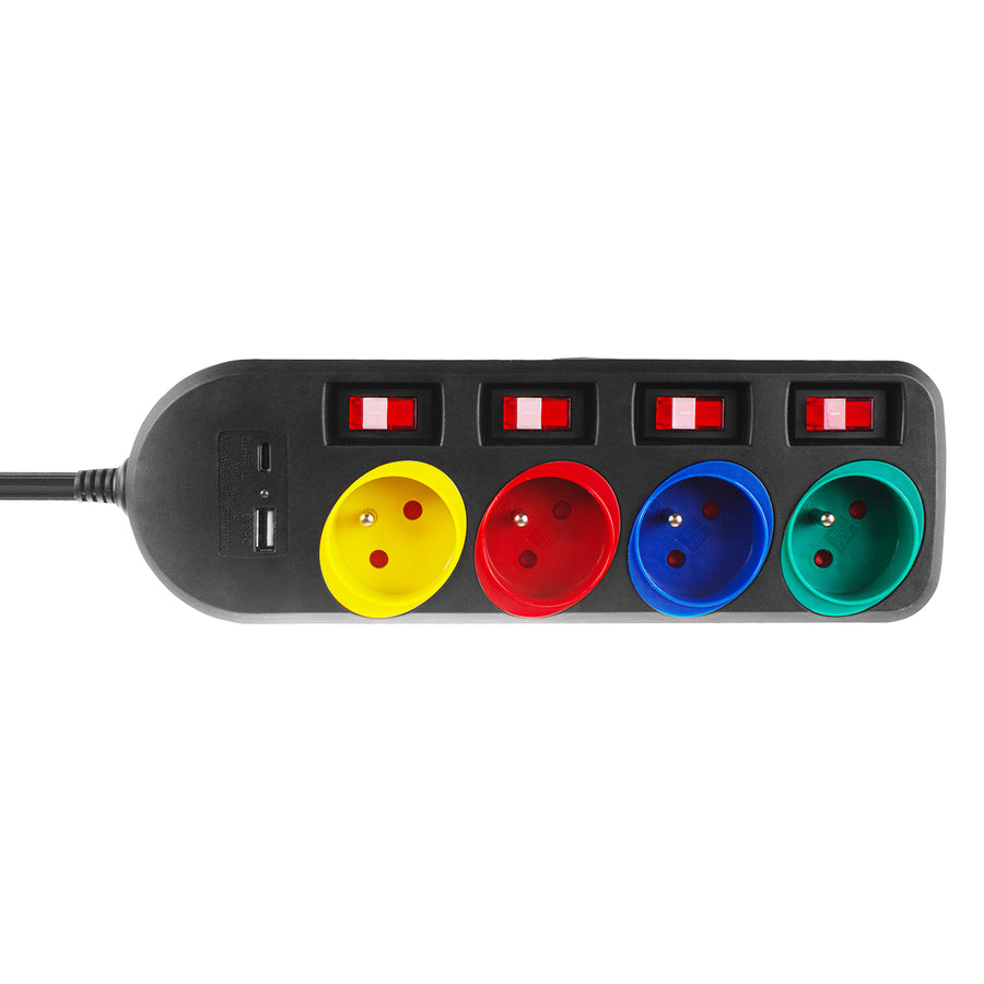 Napájecí lišta Maclean, prodlužovací kabel se 4 zásuvkami + USB A/C, s přepínači, 250VAC/10A, 1,5 m, černá, MCE508 B
