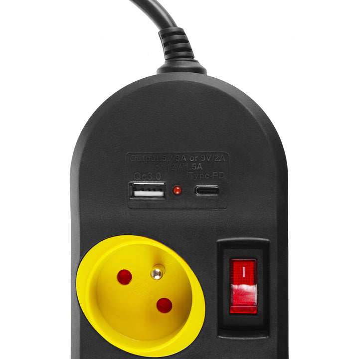 Napájecí lišta Maclean, prodlužovací kabel se 4 zásuvkami + USB A/C, s přepínači, 250VAC/10A, 1,5 m, černá, MCE508 B