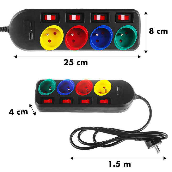 Napájecí lišta Maclean, prodlužovací kabel se 4 zásuvkami + USB A/C, s přepínači, 250VAC/10A, 1,5 m, černá, MCE508 B