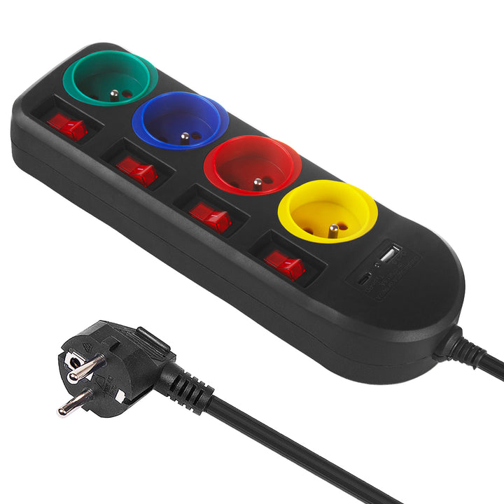 Napájecí lišta Maclean, prodlužovací kabel se 4 zásuvkami + USB A/C, s přepínači, 250VAC/10A, 1,5 m, černá, MCE508 B