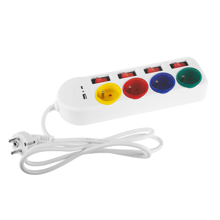 Napájecí lišta Maclean, prodlužovací kabel se 4 zásuvkami + USB A/C, s přepínači, 250 VAC/10A, 1,5 m, bílá, MCE508 W
