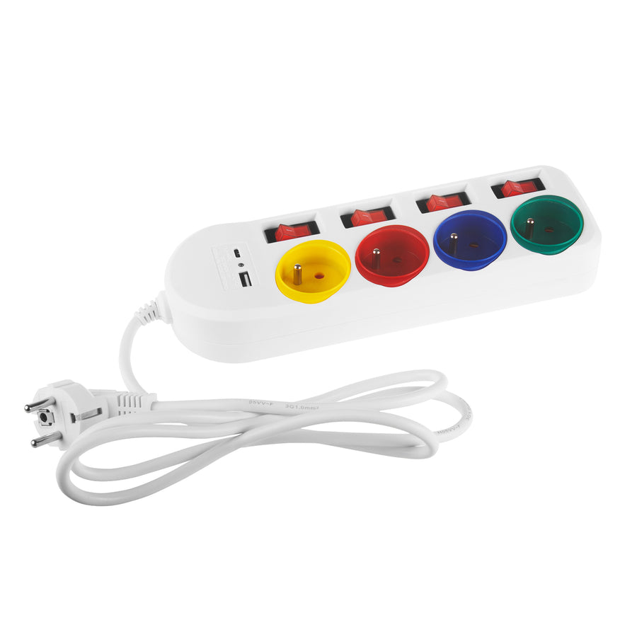 Napájecí lišta Maclean, prodlužovací kabel se 4 zásuvkami + USB A/C, s přepínači, 250 VAC/10A, 1,5 m, bílá, MCE508 W
