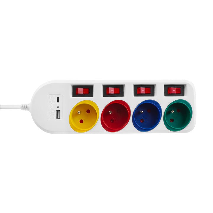 Napájecí lišta Maclean, prodlužovací kabel se 4 zásuvkami + USB A/C, s přepínači, 250 VAC/10A, 1,5 m, bílá, MCE508 W