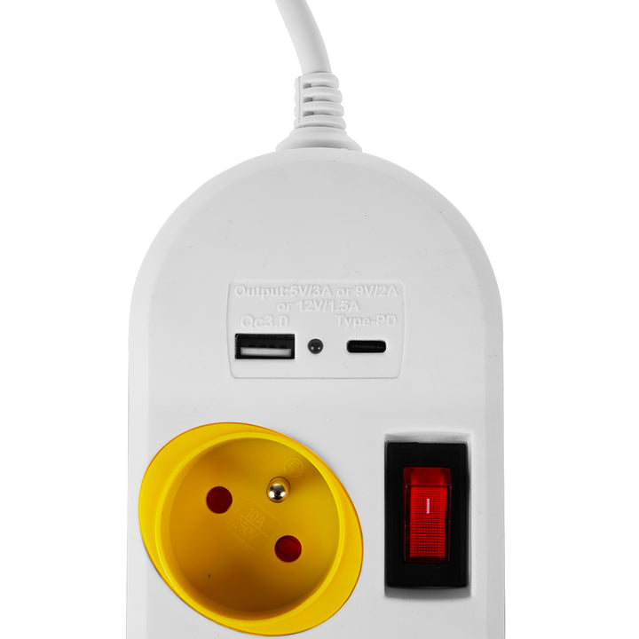 Napájecí lišta Maclean, prodlužovací kabel se 4 zásuvkami + USB A/C, s přepínači, 250 VAC/10A, 1,5 m, bílá, MCE508 W