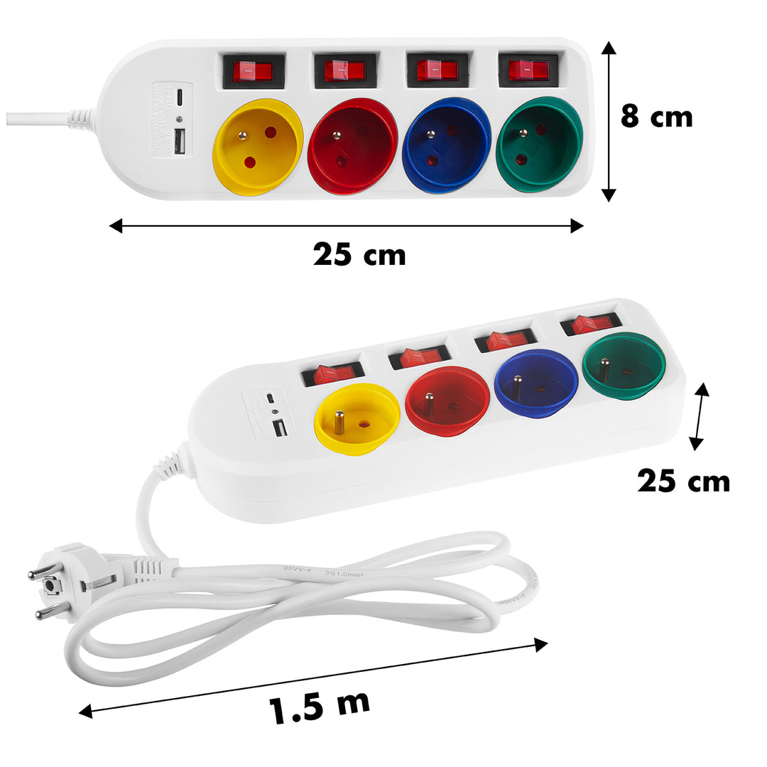 Napájecí lišta Maclean, prodlužovací kabel se 4 zásuvkami + USB A/C, s přepínači, 250 VAC/10A, 1,5 m, bílá, MCE508 W