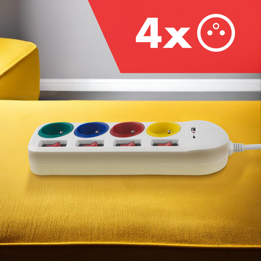 Napájecí lišta Maclean, prodlužovací kabel se 4 zásuvkami + USB A/C, s přepínači, 250 VAC/10A, 1,5 m, bílá, MCE508 W