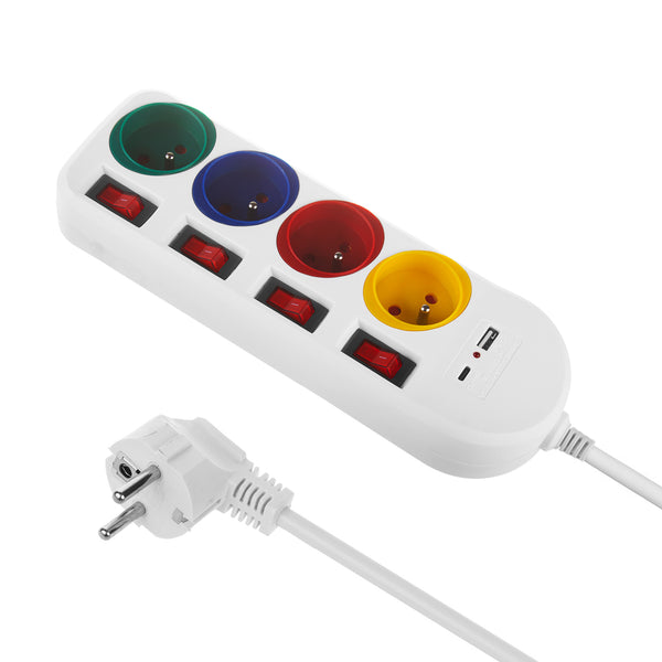 Napájecí lišta Maclean, prodlužovací kabel se 4 zásuvkami + USB A/C, s přepínači, 250 VAC/10A, 1,5 m, bílá, MCE508 W