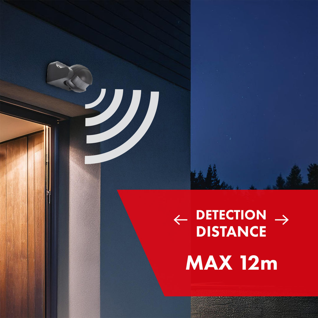 Infračervený PIR detektor pohybu Maclean IP44 šedý dosah 12m max. zatížení 800/1200W MCE358 GR