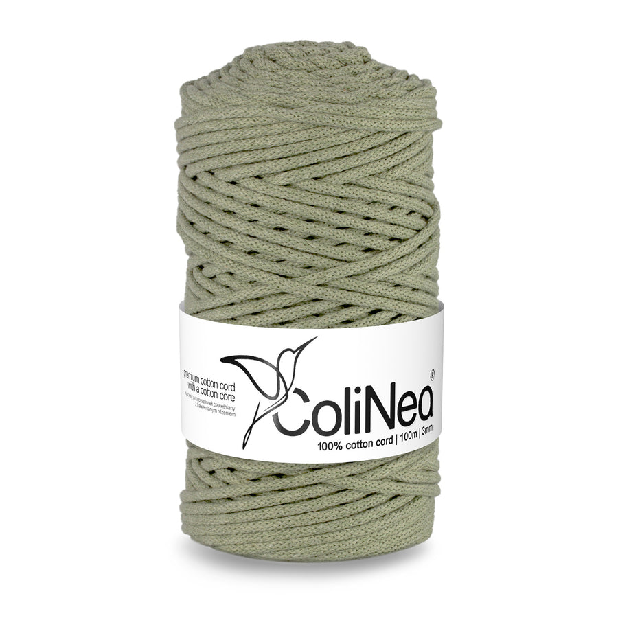 ColiNea, bavlněná šňůra s bavlněným jádrem, opletená, 3 mm, 100 m, olivově zelená