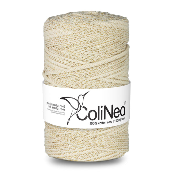 ColiNea, bavlněná šňůra s bavlněným jádrem, opletená, 5 mm, 100 m, slonová kost se zlatou nití