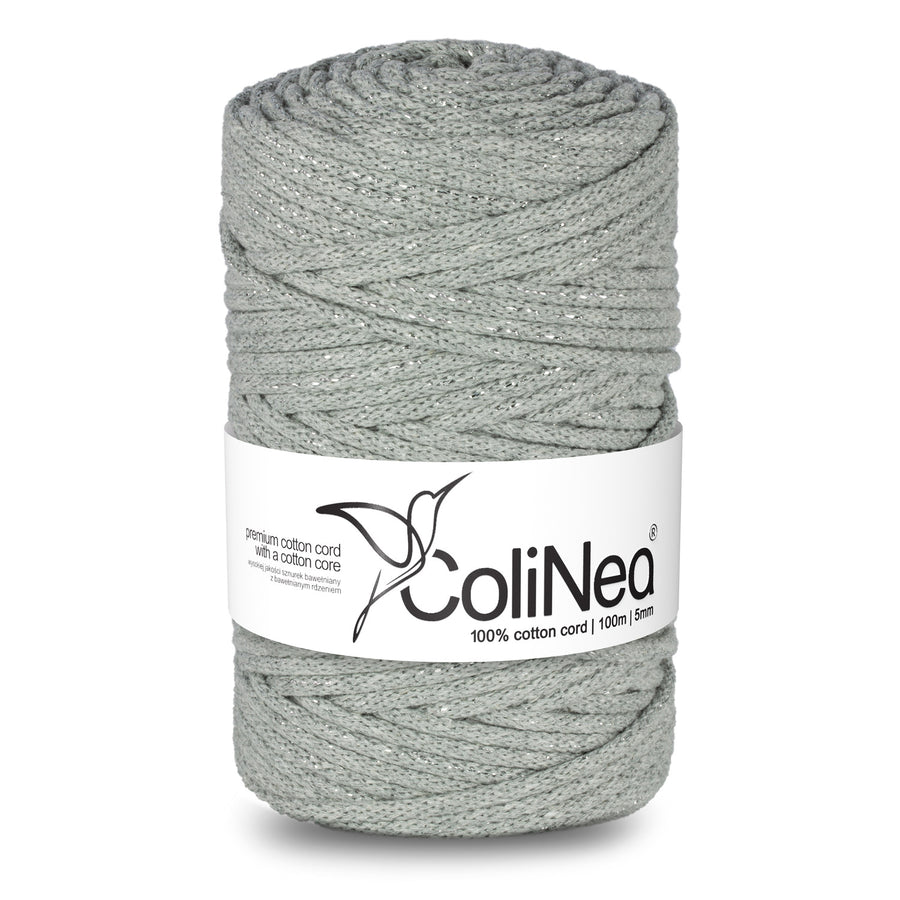 ColiNea, bavlněná šňůra s bavlněným jádrem, opletená, 5 mm, 100 m, šedá se stříbrnou nití