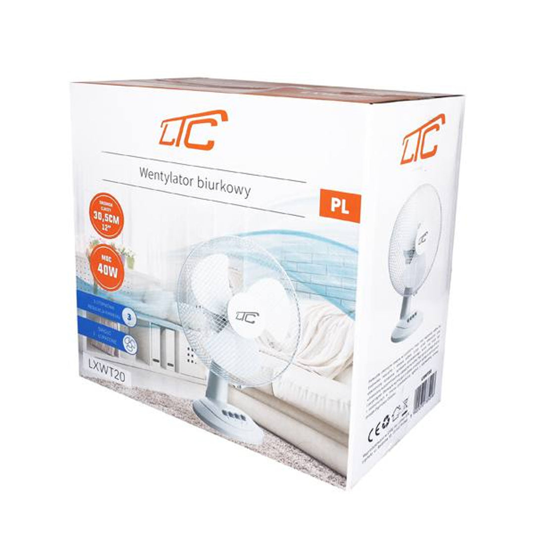 Stolní ventilátor LTC, oscilační, nastavitelný úhel, 38 W, bílý, LXWT20