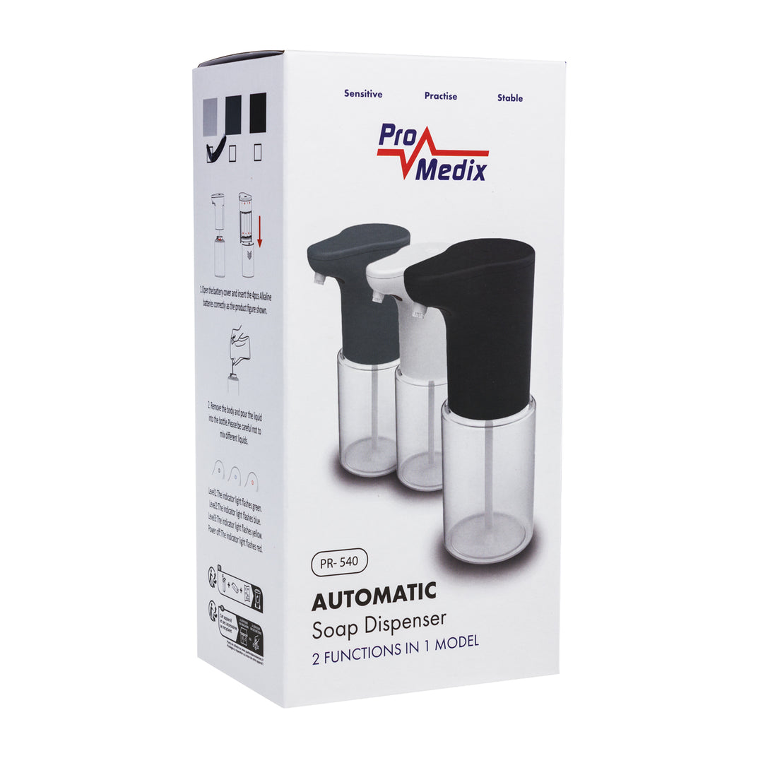Automatický dávkovač Promedix, dávkovací nádoba na tekutá mýdla, dezinfekční prostředky, 300 ml, 4xAA, bílá, PR-540 W
