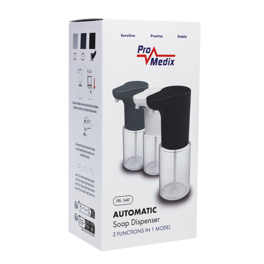 Automatický dávkovač Promedix, zásobník na tekutá mýdla, dezinfekční prostředky, 300 ml, 4xAA, černý, PR-540 B