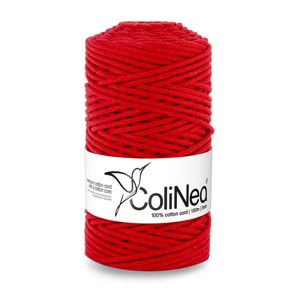 ColiNea, bavlněná šňůra s bavlněným jádrem, opletená, 3 mm, 100 m, červená