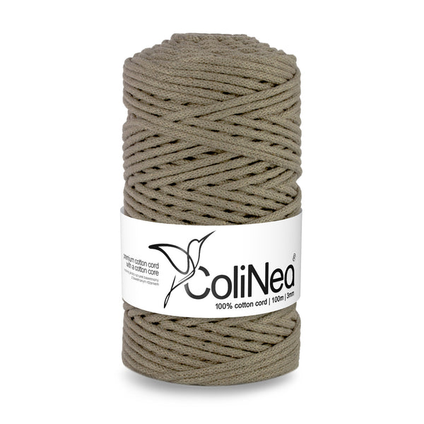 ColiNea, bavlněná šňůra s bavlněným jádrem, opletená, 3 mm, 100 m, tmavě béžová