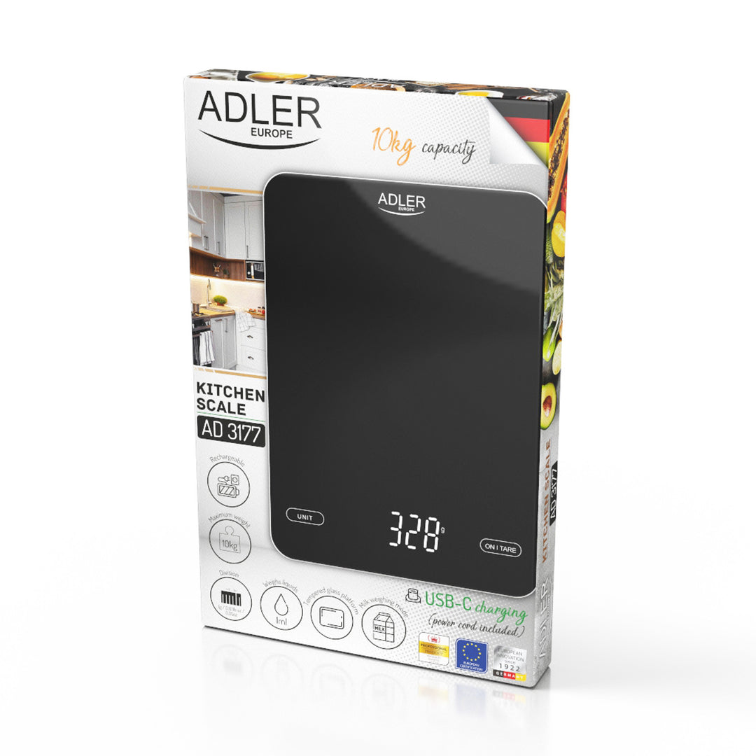 Kuchyňská váha, Adler, černá 10 kg, nabíjecí přes USB, AD 3177
