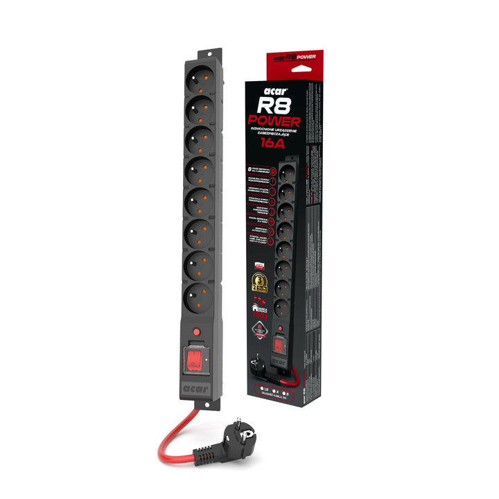 Přepěťová ochrana Acar, 16A, 3680W, 3m, černá, R8 POWER