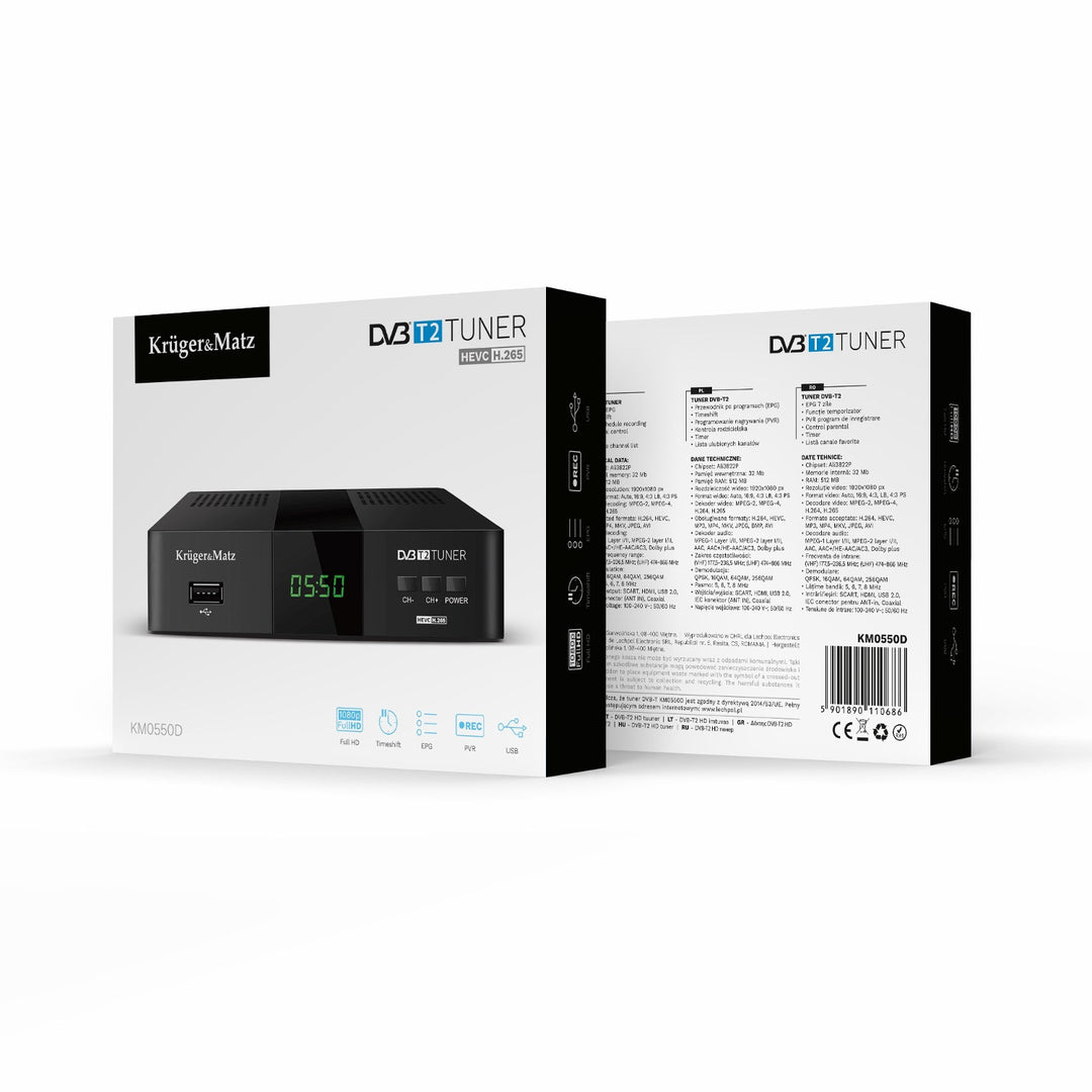 Tuner a dekodér DVB-T2 KM0550D H.265 HEVC EPG PVR Timeshift Kruger&Matz