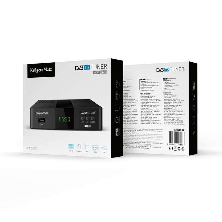 Tuner a dekodér DVB-T2 KM0550D H.265 HEVC EPG PVR Timeshift Kruger&Matz