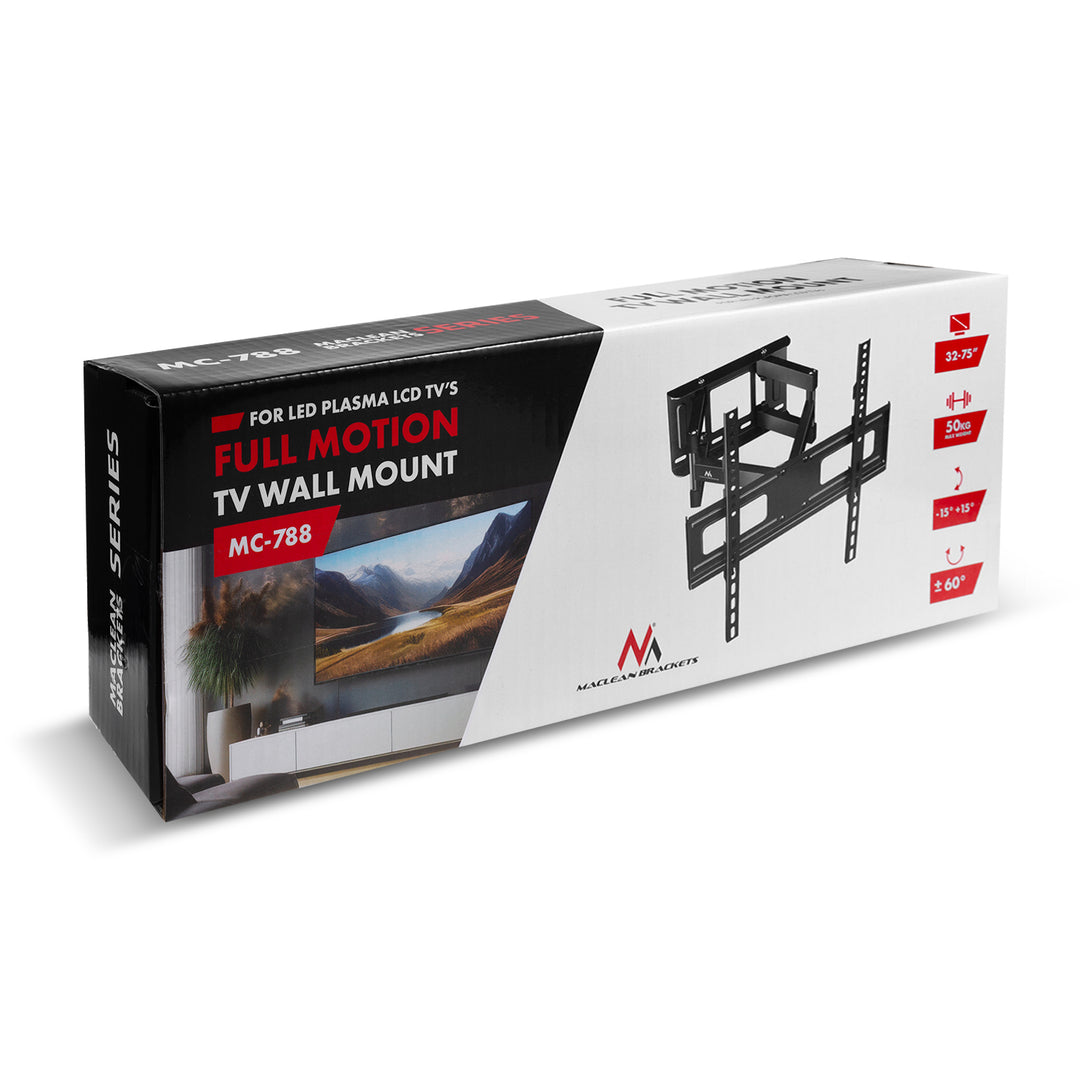 Držák Maclean na TV, max. VESA 400x400, 32-75", 50 kg, horizontální a vertikální nastavení úhlu, profil 80-380 mm, černý, MC-788