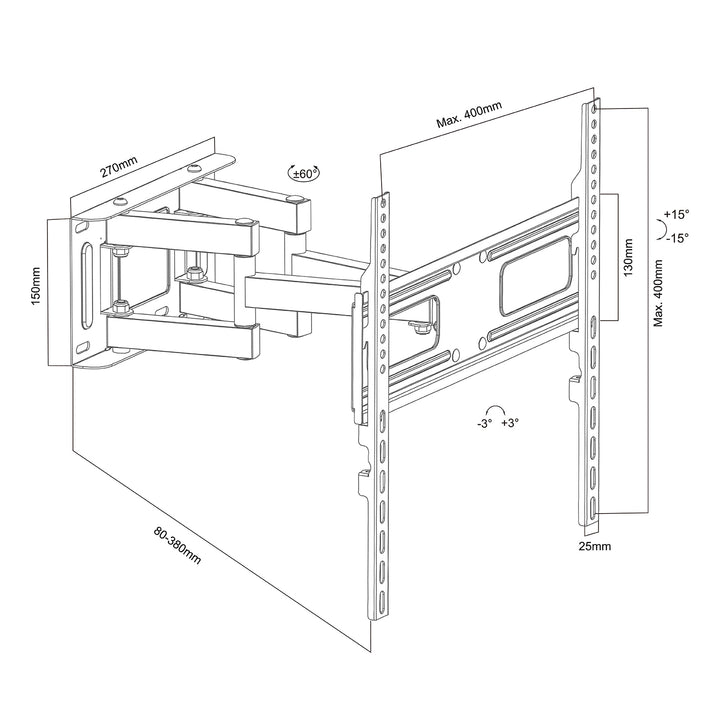 Držák Maclean na TV, max. VESA 400x400, 32-75", 50 kg, horizontální a vertikální nastavení úhlu, profil 80-380 mm, černý, MC-788