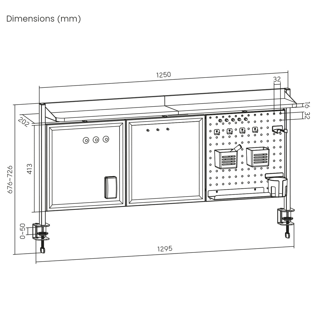 Dělící stůl / organizér Ergo Office, max. zatížení 10 kg, bílá a korková deska, šířka 1250 mm, černý,ER-300 B
