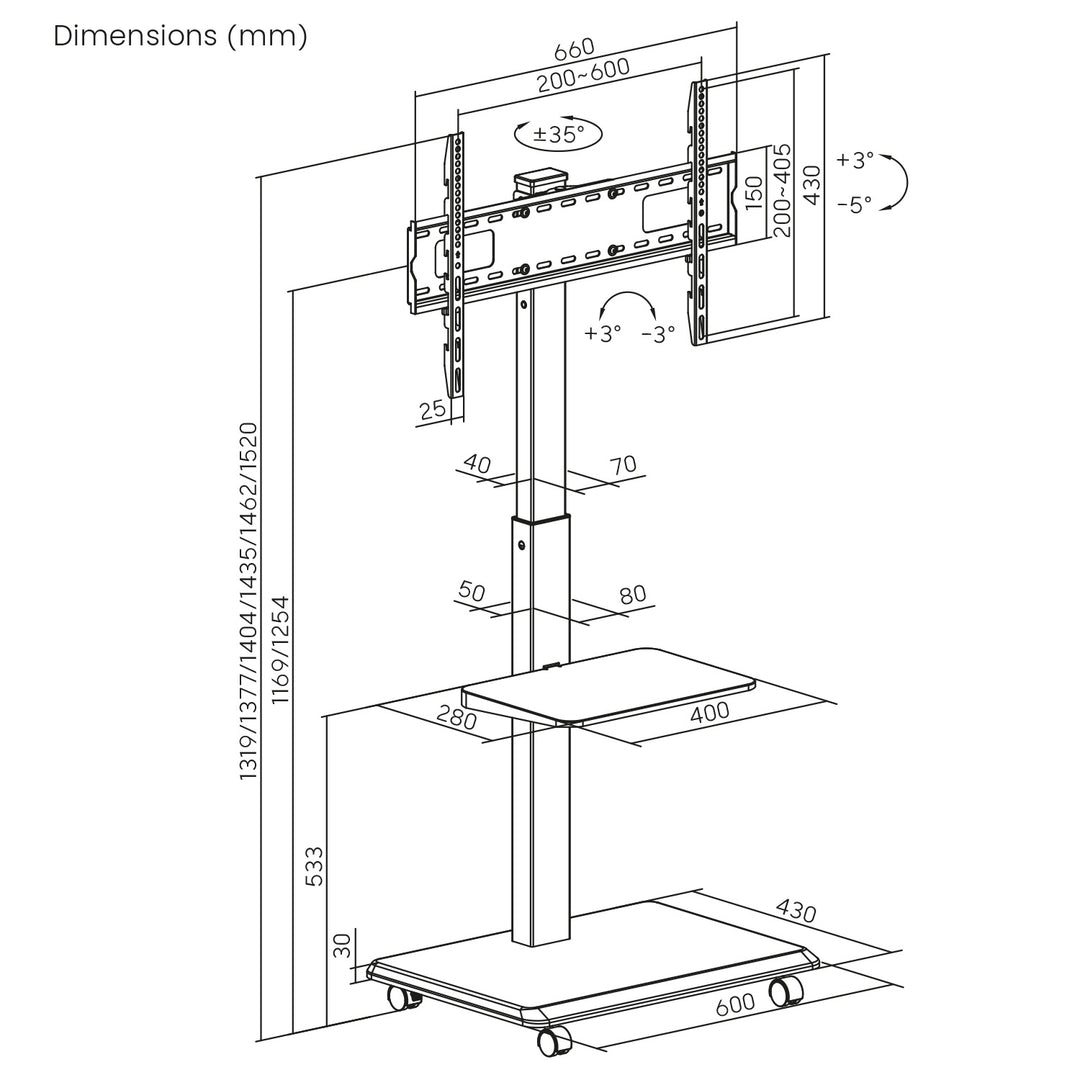 TV stojan / vozík Ergo-Office, max. zatížení 50 kg / 5 kg police, max. VESA 600x400, vestavěná napájecí lišta, černá, ER-304 B