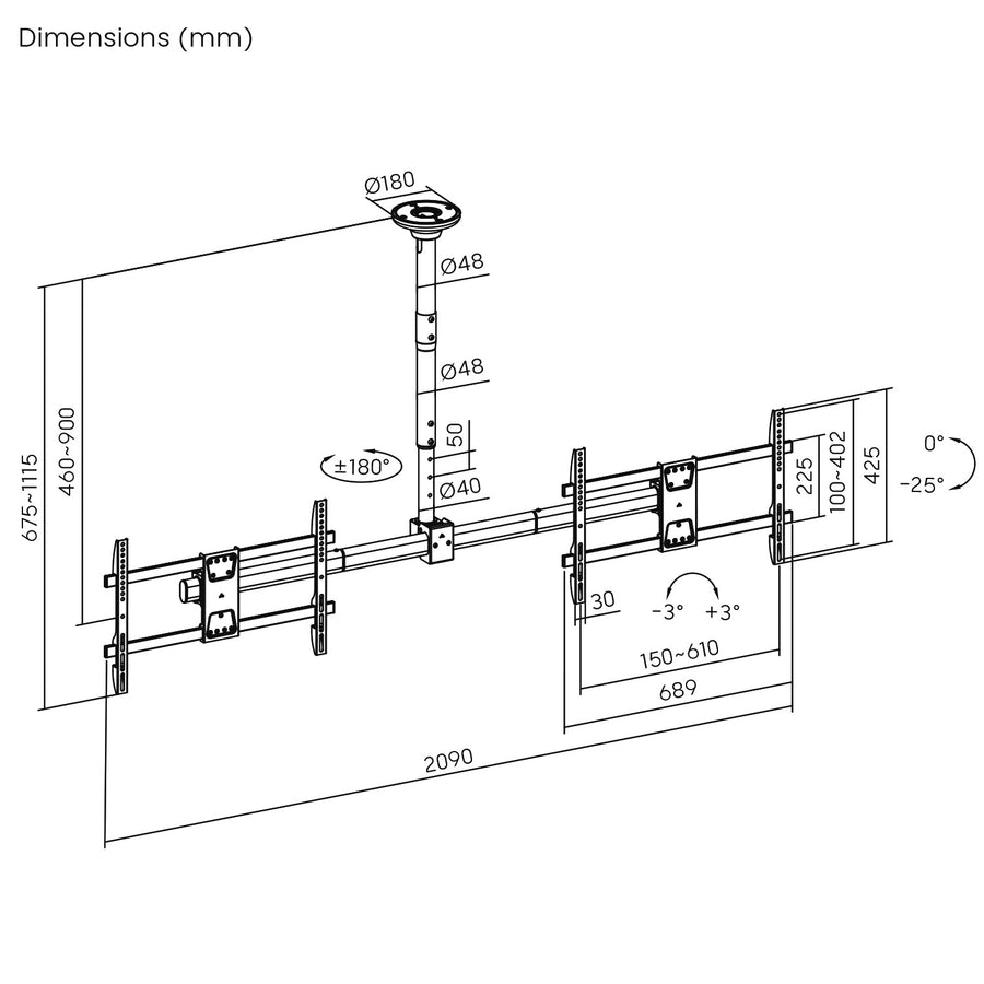 Stropní držák Maclean pro dva televizory, max. zatížení 2x40 kg, 34-60", max. VESA 600x400, MC-111 B