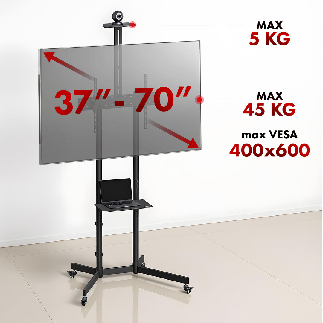 Maclean TV stojan / vozík, police na kameru, na kolečkách, 37-70", max. zatížení 45kg/5kg police, max. VESA 600x400, MC-113 B