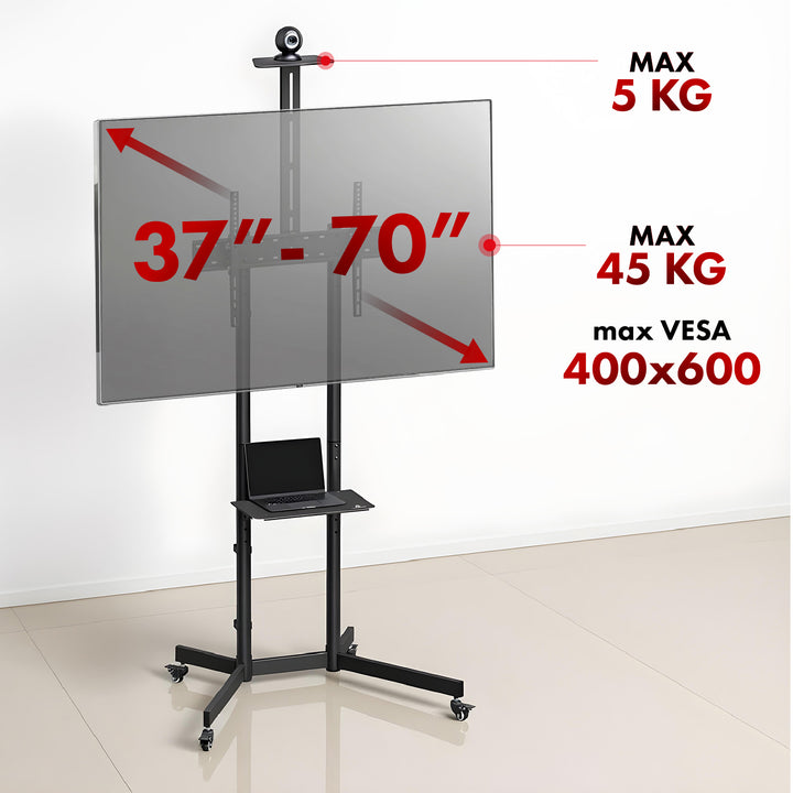 Maclean TV stojan / vozík, police na kameru, na kolečkách, 37-70", max. zatížení 45kg/5kg police, max. VESA 600x400, MC-113 B