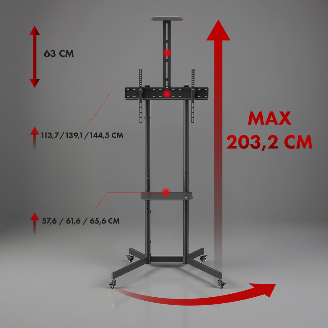 Maclean TV stojan / vozík, police na kameru, na kolečkách, 37-70", max. zatížení 45kg/5kg police, max. VESA 600x400, MC-113 B