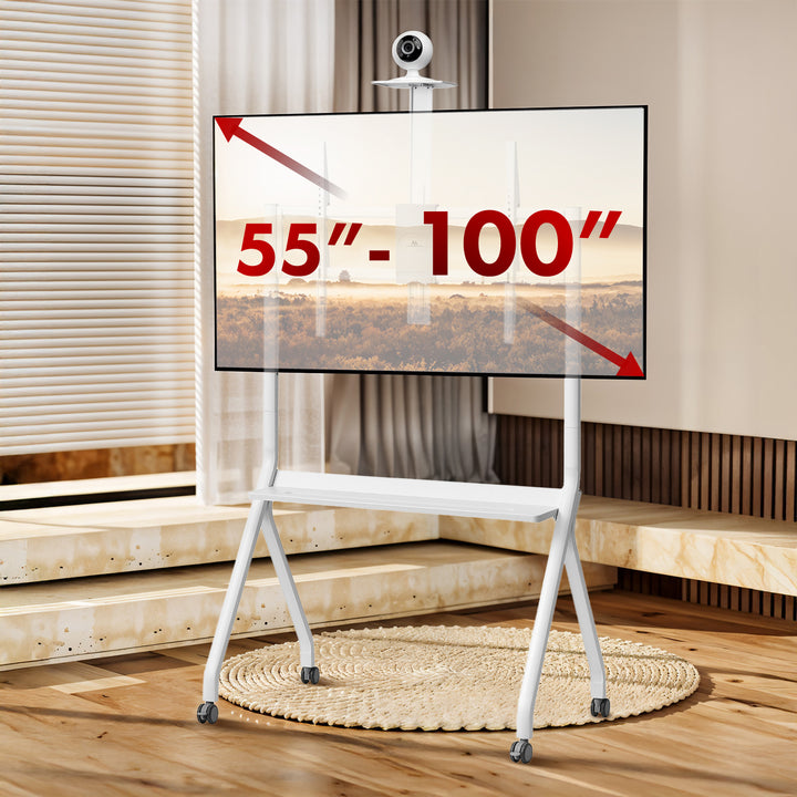 Maclean TV stojan / vozík, police na kamery, na kolečkách, 55-100", max. zatížení 120kg/10kg police, max. VESA 900x600, bílá, MC-114 W