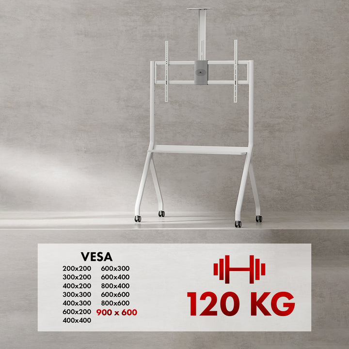 Maclean TV stojan / vozík, police na kamery, na kolečkách, 55-100", max. zatížení 120kg/10kg police, max. VESA 900x600, bílá, MC-114 W
