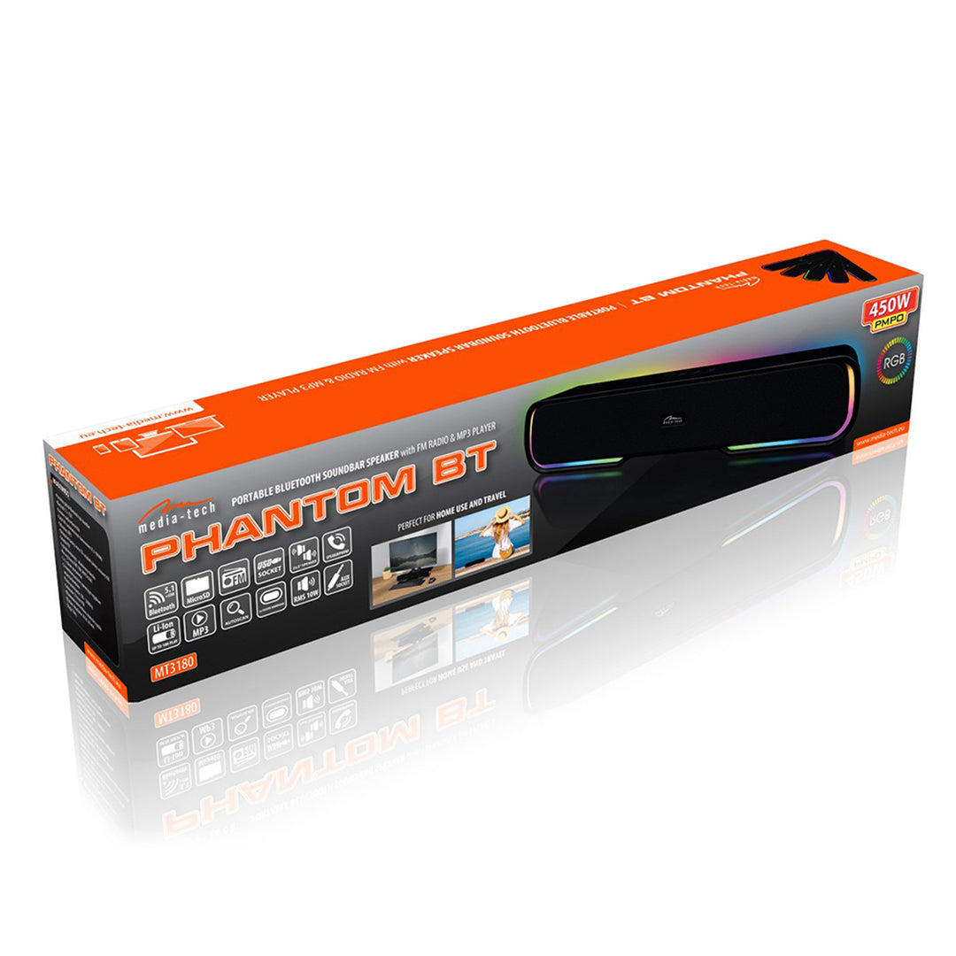 Přenosný reproduktor Bluetooth soundbar, vícebarevné podsvícení RGB, RMS 10 W, PMPO 450 W, FM rádio, MP3. AUX, vestavěná dobíjecí baterie, Media-Tech PHANTOM BT.