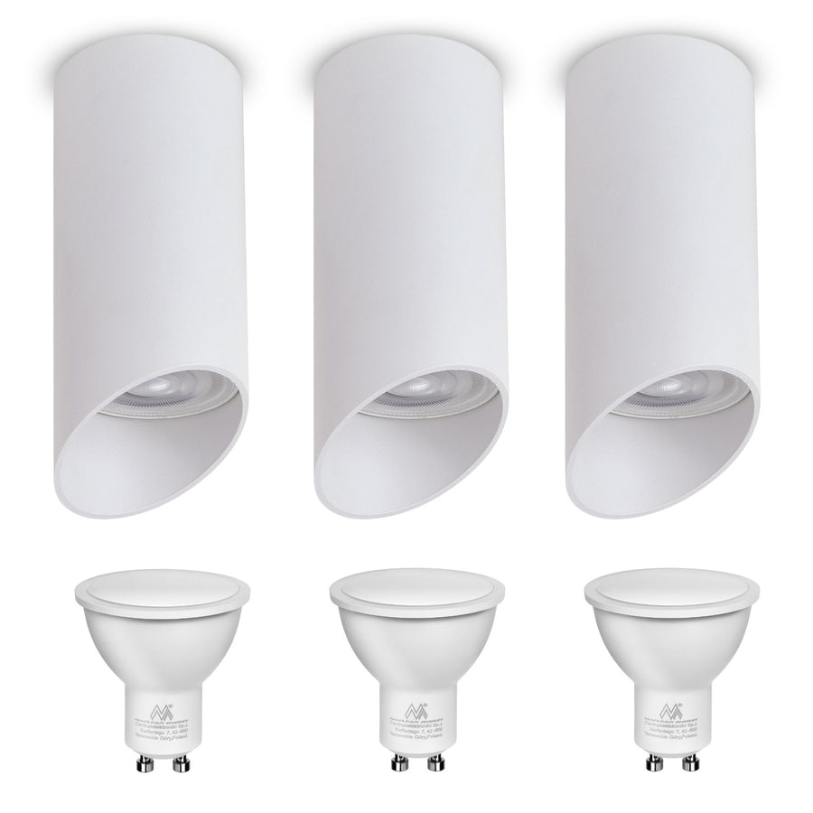 Maclean svítidlo pro povrchovou montáž, bodové, kulaté, hliníkové, GU10, 55x130mm, bílé, MCE360 W 3ks + LED žárovka GU10 7W Maclean Energy MCE437 WW teplá bílá 3000K, 220-240V~, 50/60Hz, 3ks