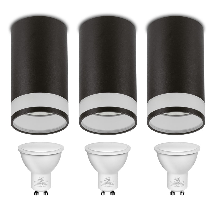 Povrchové svítidlo Maclean, bodové, kulaté, hliníkové, GU10, 55x130mm, černá barva, MCE361 B 3ks + LED žárovka GU10 7W Maclean Energy MCE437 WW teplá bílá 3000K, 220-240V~, 50/60Hz, 490lm, 3ks