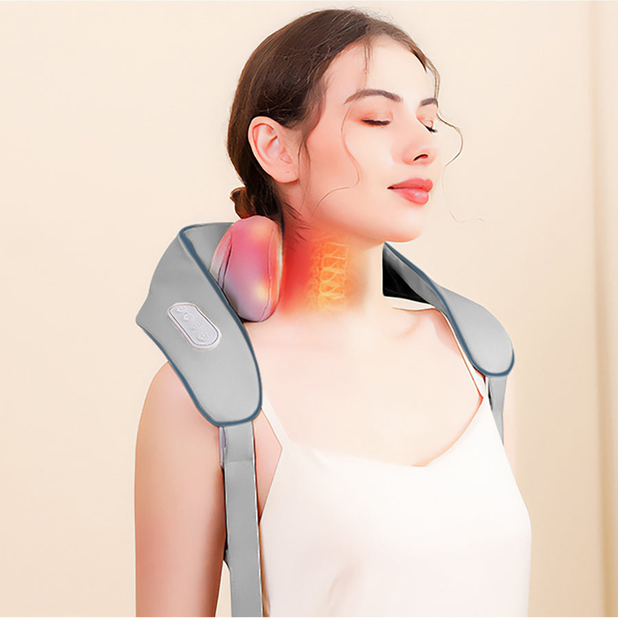 Masážní přístroj na ramena a krk. Shiatsu, 5D imitace rukou, 6 masážních hlavic, 3 režimy, 3 rychlosti, bezdrátový, nabíjecí port USB-C MASÁŽNÍ STROJ NA KRK A RÁCE