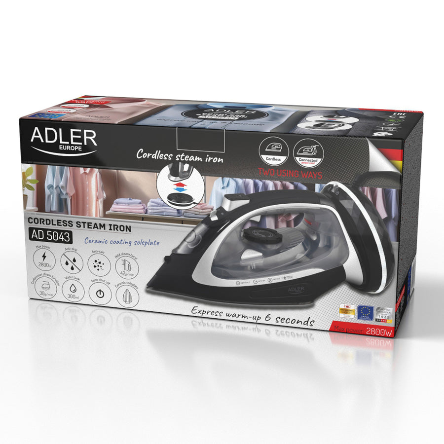 Bezdrátová napařovací žehlička Adler, keramická deska, 2800 W, AD 5043