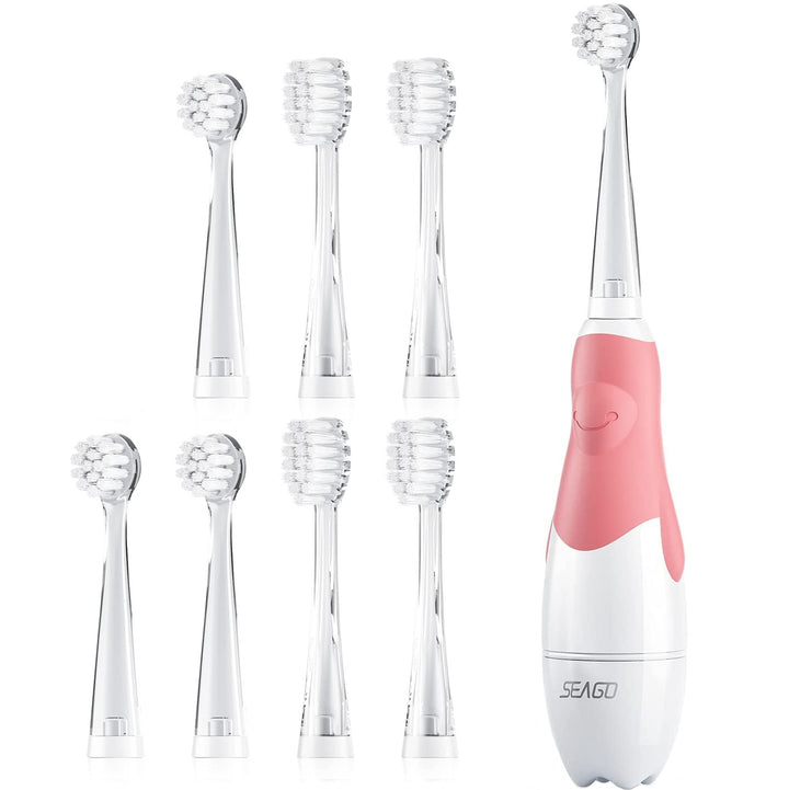 Dětský sonický zubní kartáček SEAGO, barva růžová, 1xAA 1,5V (není součástí balení), 4 koncovky, SG-513 Pink + Sada náhradních zubních kartáčků pro SG-513, SG-977 SEAGO, 4 ks, barva transparentní, SG-513 Refill
